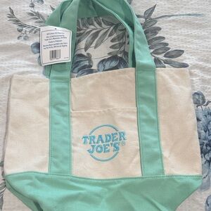 Trader Joe's mini pastel Mint Green and Cream canvas Tote Bag